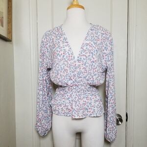PAPAYA L blue coral pink floral long sleeve v neck peasant boho blouse